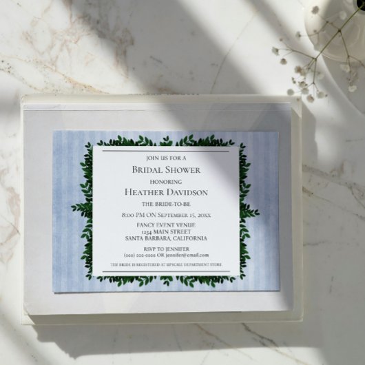 ブルーヴィンテージストライプのリーフブライダルシャワー招待状 招待状