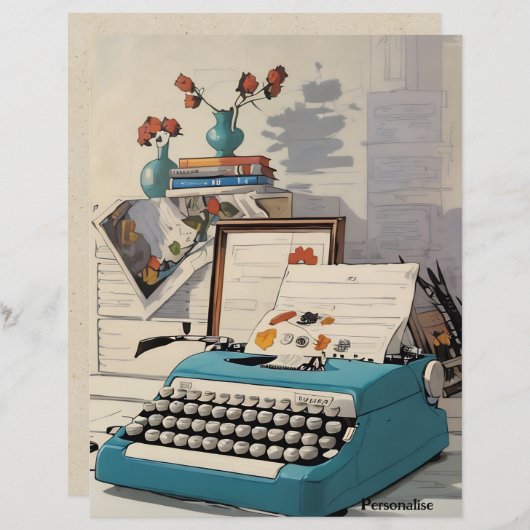 ブルーヴィンテージタイプライターデスクスクラップブック紙 (正面/裏面)