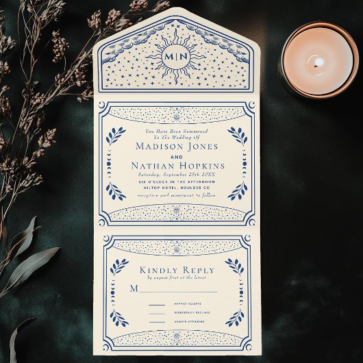 ブルーヴィンテージタロットカードゴシック結婚式の招待 オールインワン招待状