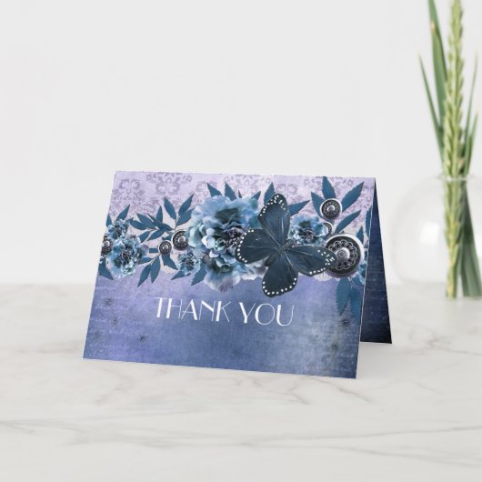 ブルーヴィンテージダマスクバタフライサンキュー サンキューカード (正面)