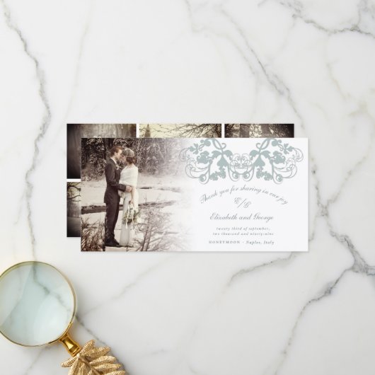 ブルーヴィンテージダマスクフローラフローリッシュフォト結婚ズ サンキューカード (正面/裏面インサイチュ)