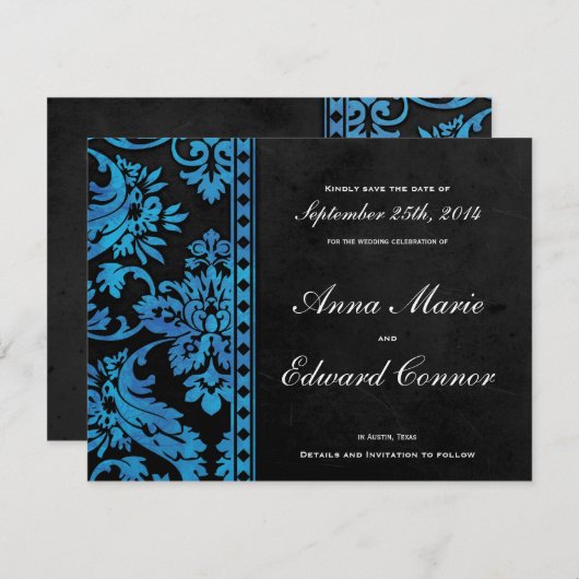 ブルーヴィンテージダマスクレース日付の保存 セーブザデート (正面/裏面)