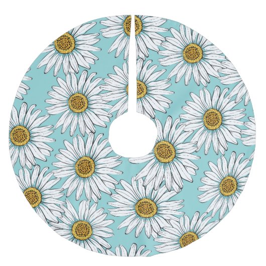 ブルーヴィンテージデイジーフローラルパターン ブラッシュドポリエステルツリースカート (正面)