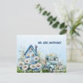 ブルーヴィンテージトラックと家を移動 ポストカード (スタンド正面)