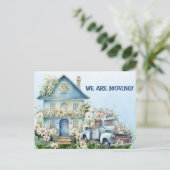 ブルーヴィンテージトラックと家を移動 ポストカード (スタンド正面)