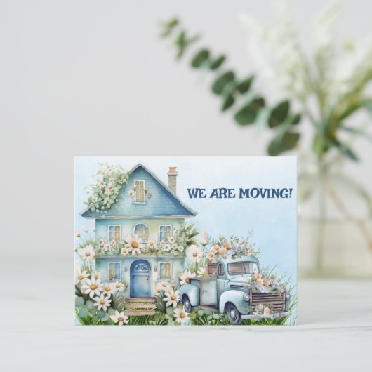 ブルーヴィンテージトラックと家を移動 ポストカード (スタンド正面)