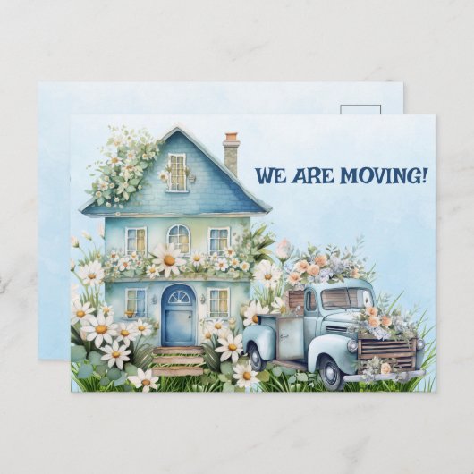 ブルーヴィンテージトラックと家を移動 ポストカード (正面/裏面)