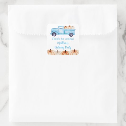 ブルーヴィンテージトラックカボチャ誕生日パーティーのお願い スクエアシール (バッグ)