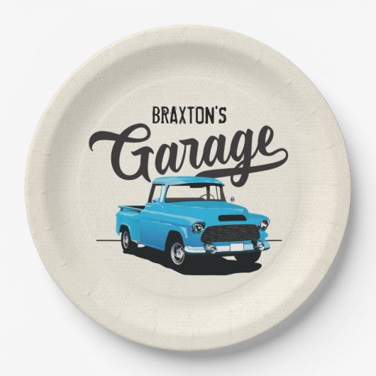 ブルーヴィンテージトラック誕生日カスタム紙プレート ペーパープレート (正面)