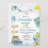 ブルーヴィンテージトラベルオンダーフル世界1歳の誕生日 招待状 (正面)