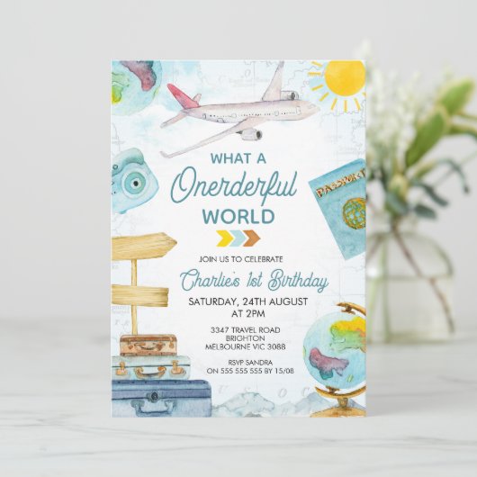 ブルーヴィンテージトラベルオンダーフル世界1歳の誕生日 招待状 (スタンド正面)