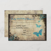 ブルーヴィンテージバタフライウェディングRSVPカード 出欠カード (正面/裏面)
