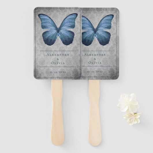 ブルーヴィンテージバタフライダマスクの結婚式のお願い ハンドファン (正面&裏面)