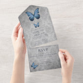 ブルーヴィンテージバタフライダマスクウェディング オールインワン招待状 (貼ってはがせる)