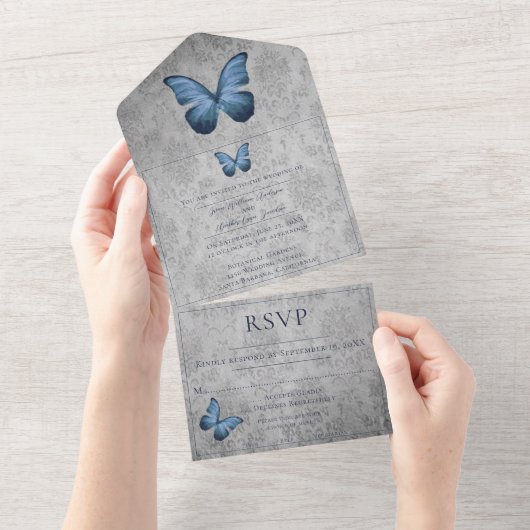 ブルーヴィンテージバタフライダマスクウェディング オールインワン招待状 (貼ってはがせる)
