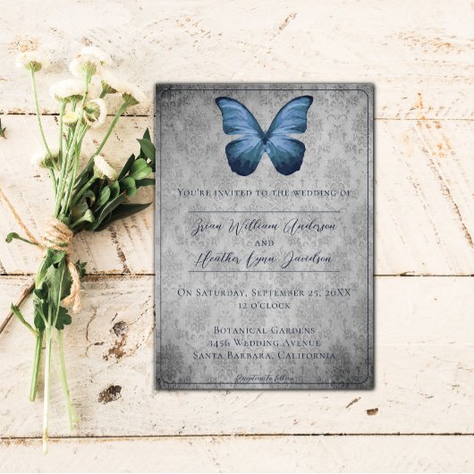 ブルーヴィンテージバタフライダマスクウェディング 招待状