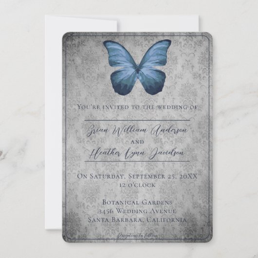 ブルーヴィンテージバタフライダマスクウェディング 招待状 (正面)