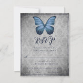 ブルーヴィンテージバタフライダマスクウェディングRSVP 出欠カード (正面)