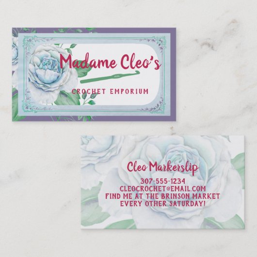 ブルーヴィンテージバラクロシェ針編みフックヤーンクラフト 名刺 (正面/裏面)