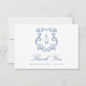 ブルーヴィンテージバロックモノグラム結婚クレスト サンキューカード (正面)