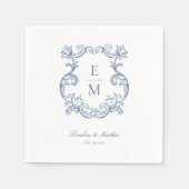 ブルーヴィンテージバロックモノグラム結婚クレスト スタンダードカクテルナプキン (正面)
