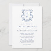 ブルーヴィンテージバロックモノグラム結婚クレスト 招待状 (正面)