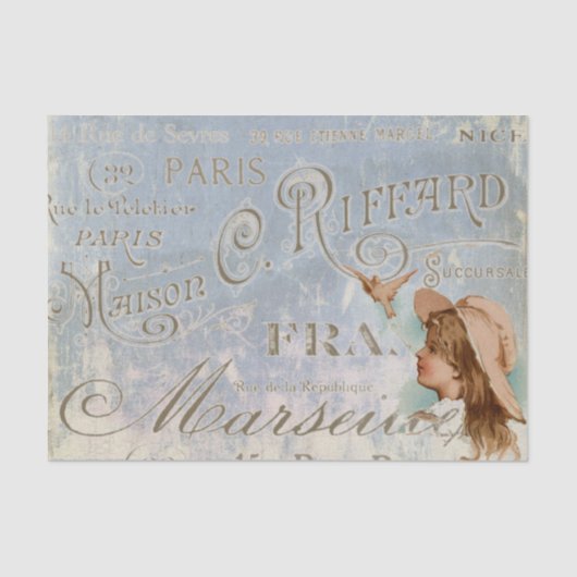 ブルーヴィンテージフランスのガールバードシティネームパリ 薄葉紙 (正面)