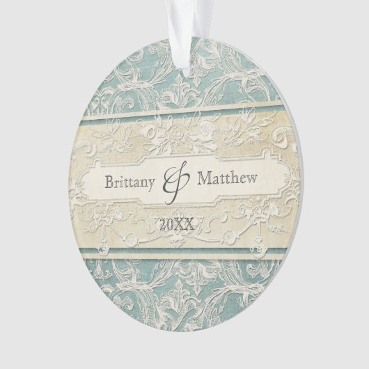 ブルーヴィンテージフランスのリージェンシーレースエッチド結婚ズ オーナメント (正面)