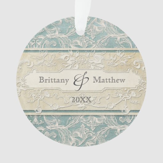 ブルーヴィンテージフランスのリージェンシーレースエッチド結婚ズ オーナメント (正面)