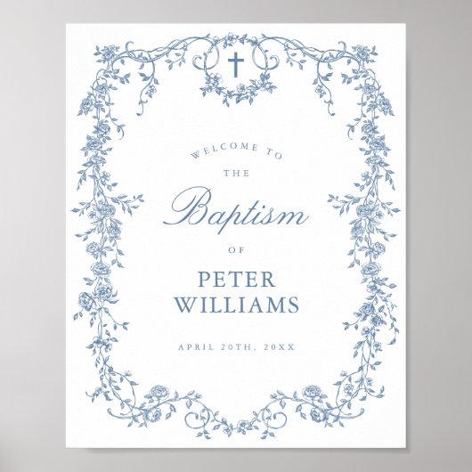 ブルーヴィンテージフローラクロスバプテスムウェルカムポスター ポスター (正面)