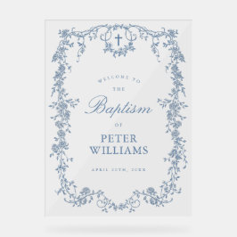 ブルーヴィンテージフローラクロスバプテスムウェルカム アクリルサイン