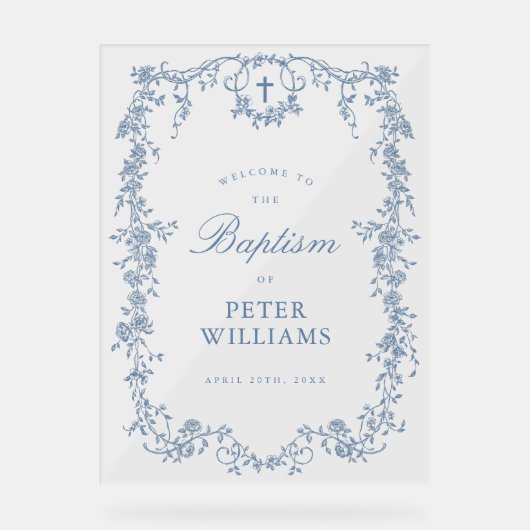 ブルーヴィンテージフローラクロスバプテスムウェルカム アクリルサイン (正面)