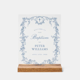 ブルーヴィンテージフローラクロスバプテスムウェルカム アクリルサイン