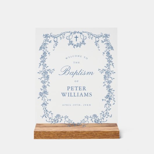 ブルーヴィンテージフローラクロスバプテスムウェルカム アクリルサイン (正面)