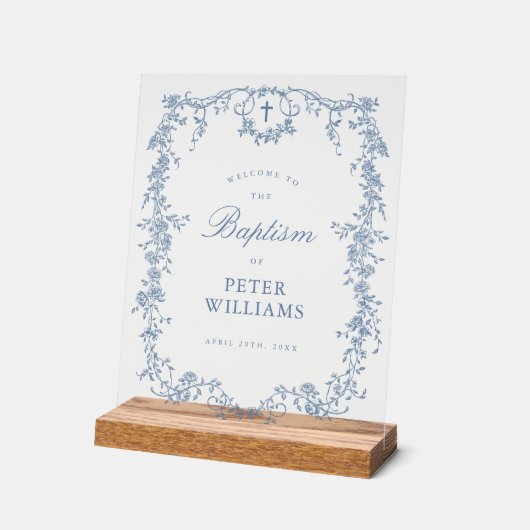 ブルーヴィンテージフローラクロスバプテスムウェルカム アクリルサイン (傾斜)