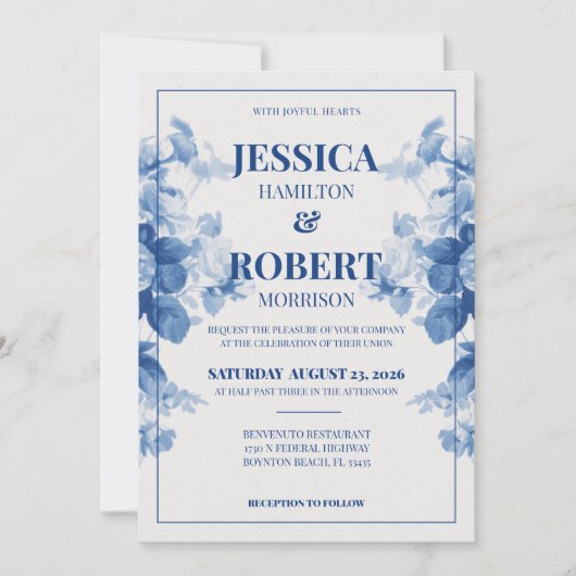 ブルーヴィンテージフローラチインスパイアノイ結婚ズリー 招待状 (正面)