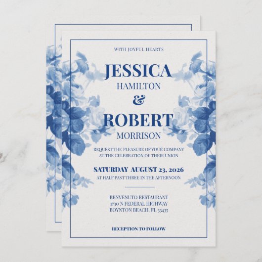 ブルーヴィンテージフローラチインスパイアノイ結婚ズリー 招待状 (正面/裏面)