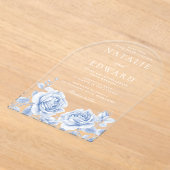 ブルーヴィンテージフローラバラエレガントな結婚式 アクリル招待状 (レイダウン)