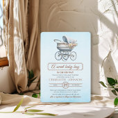 ブルーヴィンテージフローラベビーキャリッジベビーシャワー 招待状