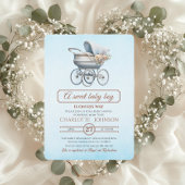 ブルーヴィンテージフローラベビーキャリッジベビーシャワー 招待状