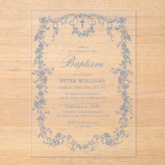 ブルーヴィンテージフローラボーイバプテスマ《キリスト教》洗礼式や命名式 アクリル招待状 (正面)