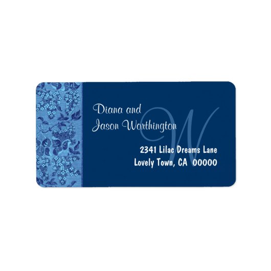 ブルーヴィンテージフローラリボンモノグラム結婚ズ ラベル (正面)