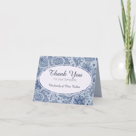 ブルーヴィンテージフローラルパターン2悔やみや弔慰サンキュー サンキューカード (正面)