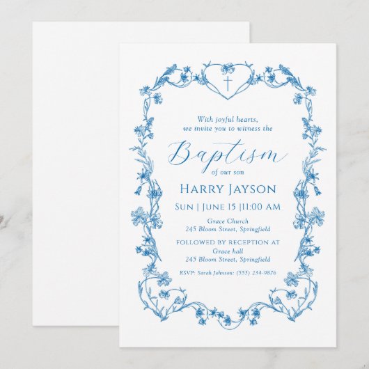 ブルーヴィンテージブルーフローラフレームバプテスマ招待状 招待状 (正面/裏面)