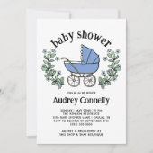 ブルーヴィンテージベビーカー緑の男の子ベイビーシャワー 招待状 (正面)