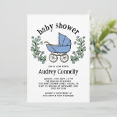 ブルーヴィンテージベビーカー緑の男の子ベイビーシャワー 招待状 (スタンド正面)