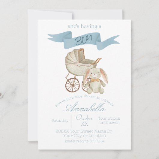 ブルーヴィンテージベビーキャリッジアンドバニー男の赤ちゃん 招待状 (正面)