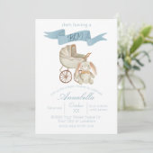 ブルーヴィンテージベビーキャリッジアンドバニー男の赤ちゃん 招待状 (スタンド正面)