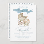 ブルーヴィンテージベビーキャリッジアンドバニー男の赤ちゃん 招待状 (正面/裏面)