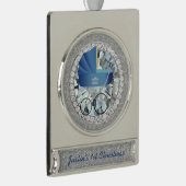 ブルーヴィンテージベビーキャリッジジュエルフェイクグリッター シルバープレートバナーオーナメント (右)